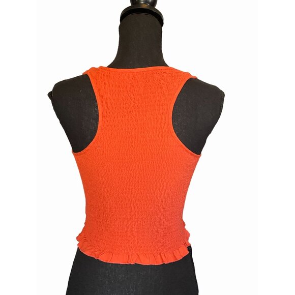 coral blouse sleeveless ruffle trim ruched pintuck coral racerback top Small - Picture 5 of 6